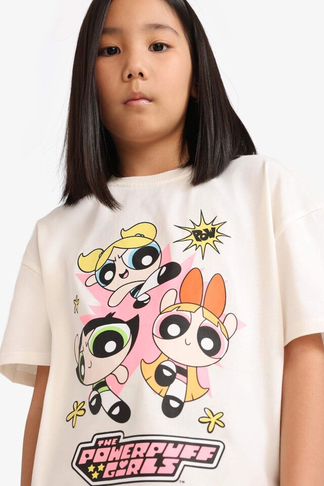 Kız Çocuk PowerPuff Girls Oversize Geniş Kalıp Bisiklet Yaka Kısa Kollu Tişört