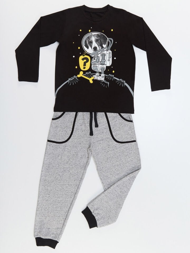 Astronot Köpek Erkek Çocuk T-shirt Pantolon Takım 2 Y - Siyah, Gri