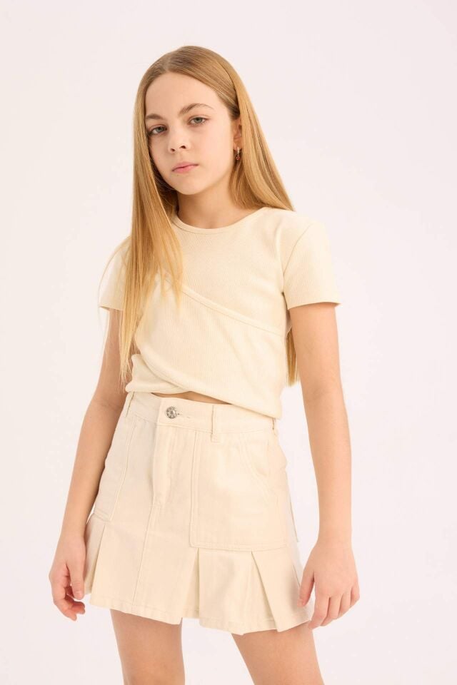 Kız Çocuk Slim Fit Dar Kesim Bisiklet Yaka Kısa Kollu Tişört