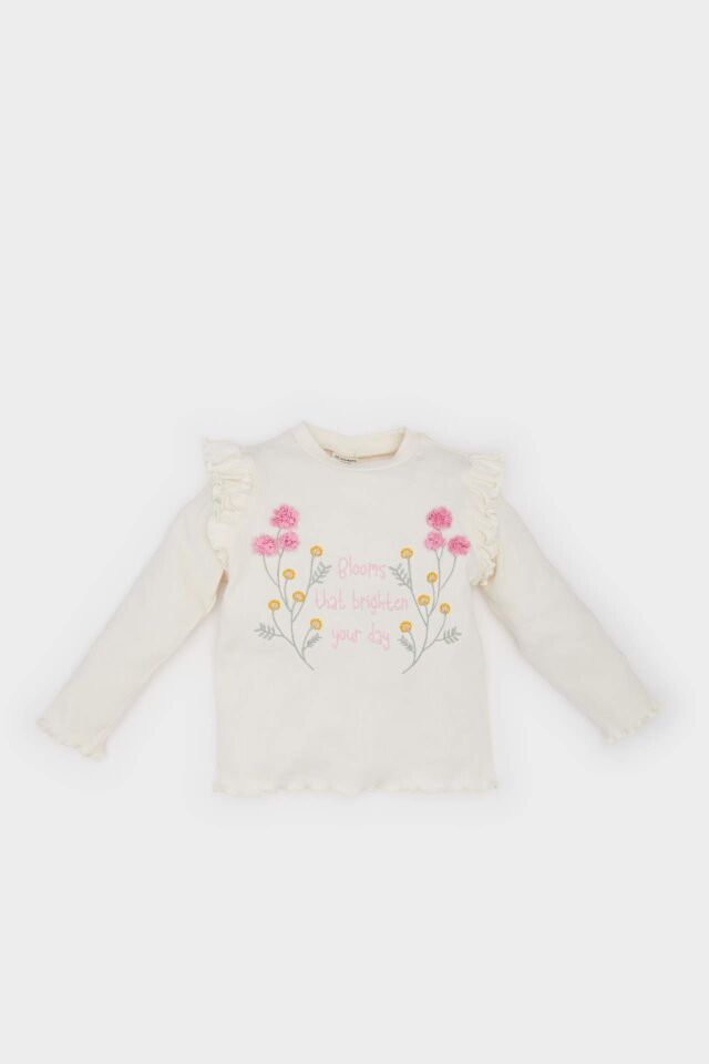 Kız Bebek Bisiklet Yaka Çiçekli Fitilli Kaşkorse Uzun Kollu Tişört