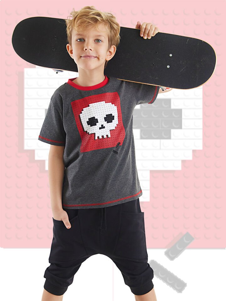 Skull Erkek Çocuk T-shirt Kapri Şort Takım 5 Y - Siyah, Antresit