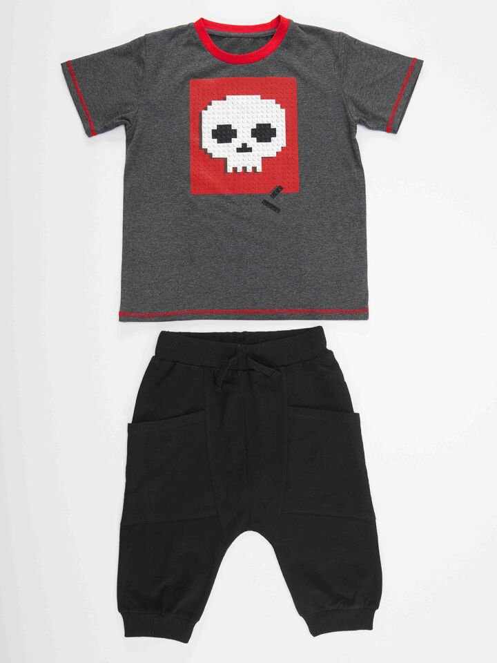 Skull Erkek Çocuk T-shirt Kapri Şort Takım 6 Y - Siyah, Antresit