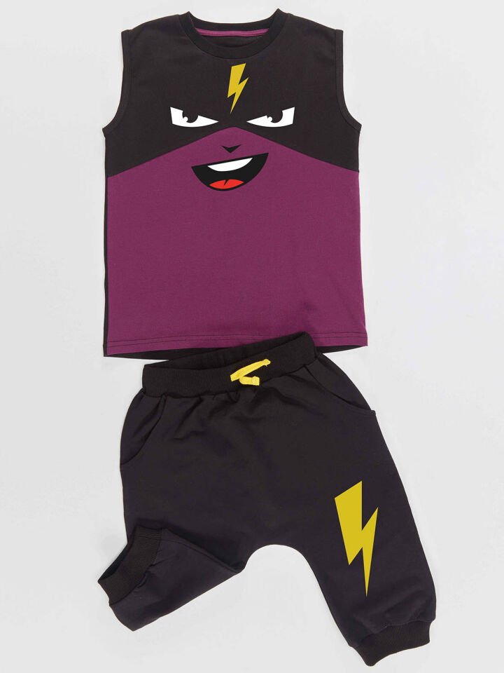 Şimşek Maske Erkek Çocuk T-shirt Kapri Şort akım 2 Y - Siyah, Mor