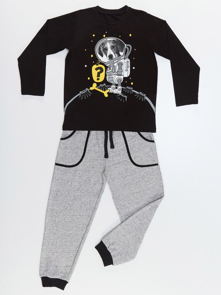 Astronot Köpek Erkek Çocuk T-shirt Pantolon Takım 5 Y - Siyah, Gri