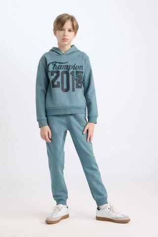 Erkek Çocuk 2'li Takım Kapüşonlu Baskılı Sweatshirt Beli Lastikli Eşofman Altı