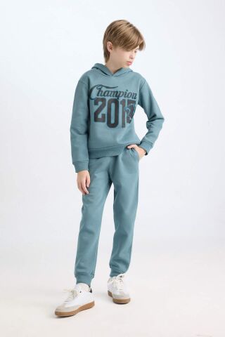 Erkek Çocuk 2'li Takım Kapüşonlu Baskılı Sweatshirt Beli Lastikli Eşofman Altı