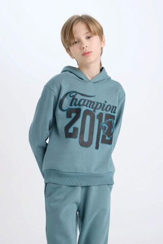Erkek Çocuk 2'li Takım Kapüşonlu Baskılı Sweatshirt Beli Lastikli Eşofman Altı