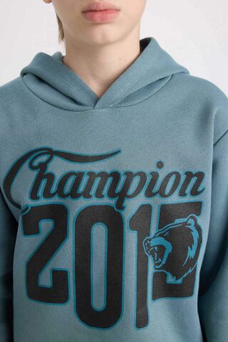 Erkek Çocuk 2'li Takım Kapüşonlu Baskılı Sweatshirt Beli Lastikli Eşofman Altı
