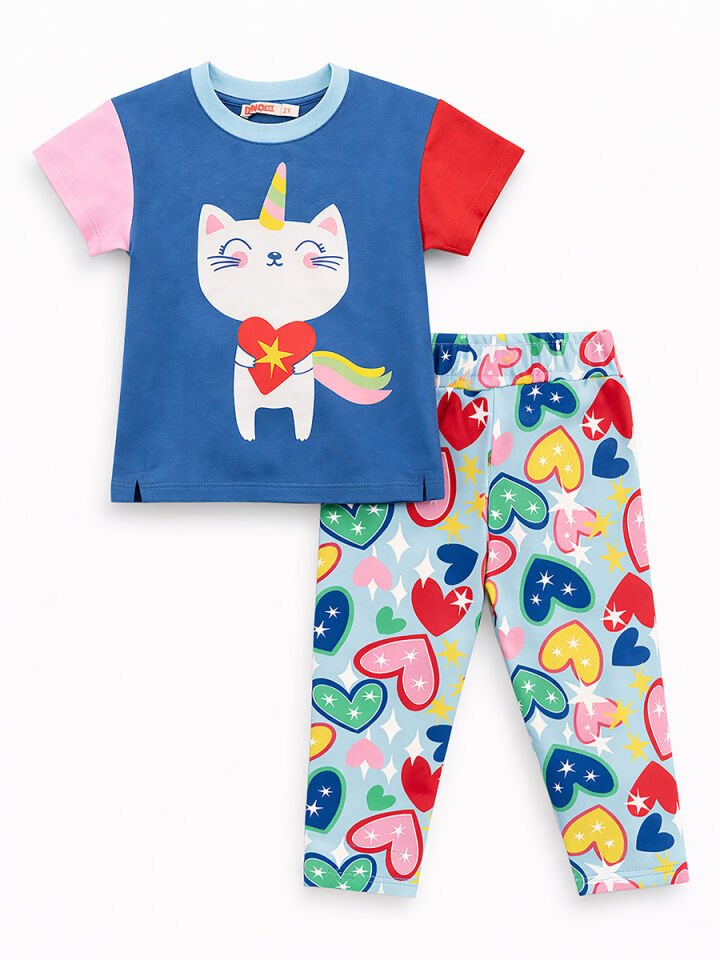 Kalpli Kedi Kız Çocuk T-shirt Tayt Takım 3Y - Mavi