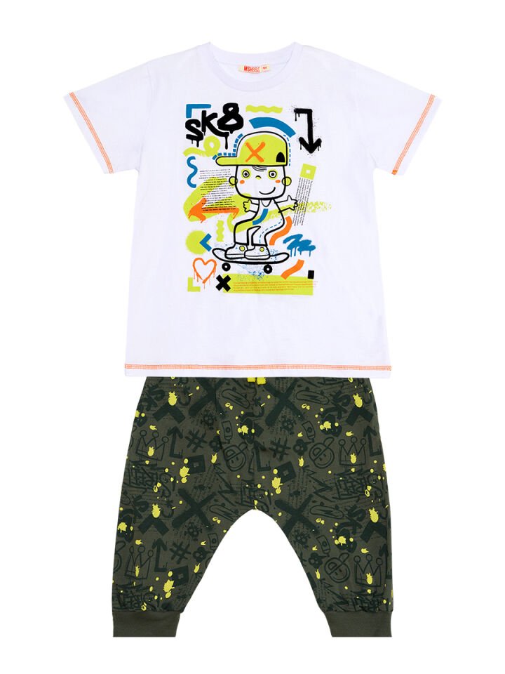 Kaykay Splash Erkek Çocuk T-shirt Kapri Takım 8 Y - Haki, Beyaz