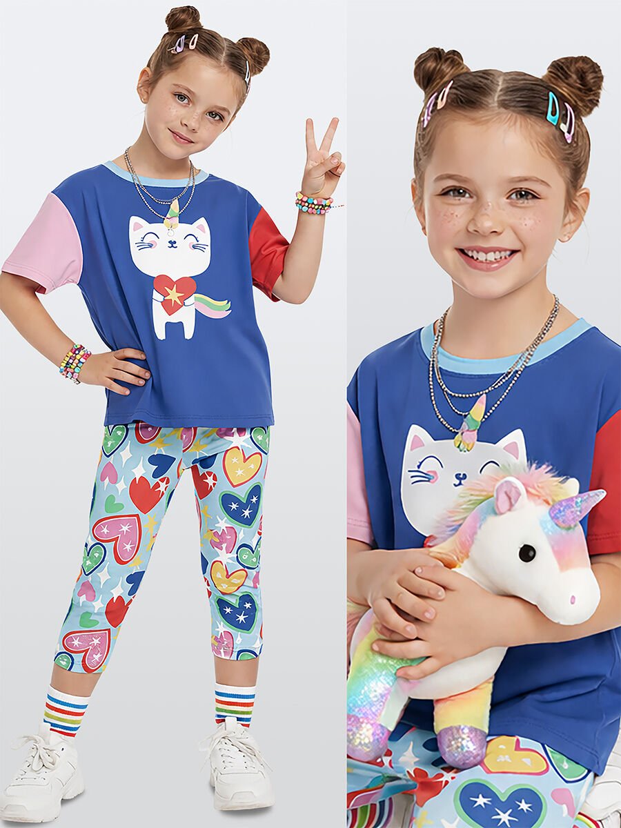 Kalpli Kedi Kız Çocuk T-shirt Tayt Takım 4Y - Mavi
