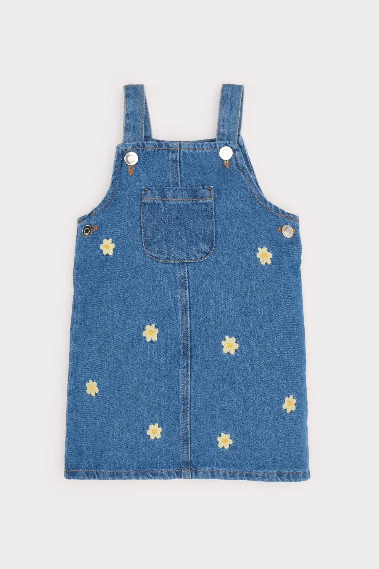 Kız Bebek Çiçekli Askılı Jean Elbise