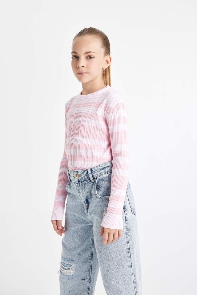 Kız Çocuk Pembe Çizgili Standart Fit Bisiklet Yaka Dar Triko Kazak