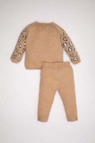 Kız Bebek 2'li Takım Leopar Desenli Triko Kazak Üat Beli Lastikli Triko Alt