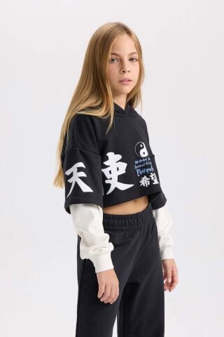 Kız Çocuk 2'li Takım Bisiklet Yaka Baskılı Sweatshirt Beli Lastikli Jogger Eşofman Altı