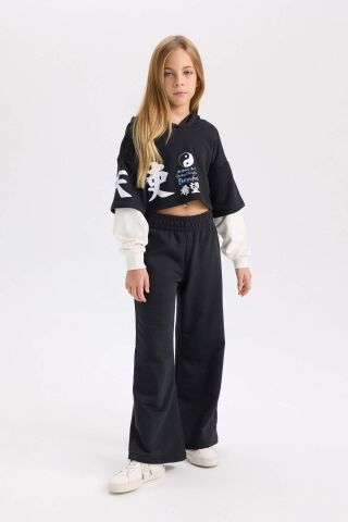 Kız Çocuk 2'li Takım Bisiklet Yaka Baskılı Sweatshirt Beli Lastikli Jogger Eşofman Altı