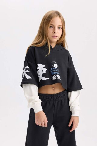 Kız Çocuk 2'li Takım Bisiklet Yaka Baskılı Sweatshirt Beli Lastikli Jogger Eşofman Altı