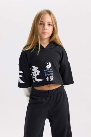 Kız Çocuk 2'li Takım Bisiklet Yaka Baskılı Sweatshirt Beli Lastikli Jogger Eşofman Altı