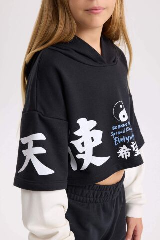 Kız Çocuk 2'li Takım Bisiklet Yaka Baskılı Sweatshirt Beli Lastikli Jogger Eşofman Altı