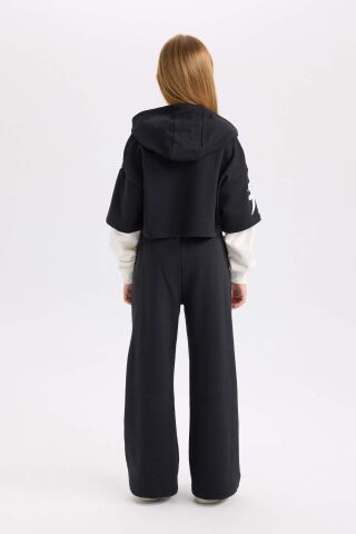 Kız Çocuk 2'li Takım Bisiklet Yaka Baskılı Sweatshirt Beli Lastikli Jogger Eşofman Altı