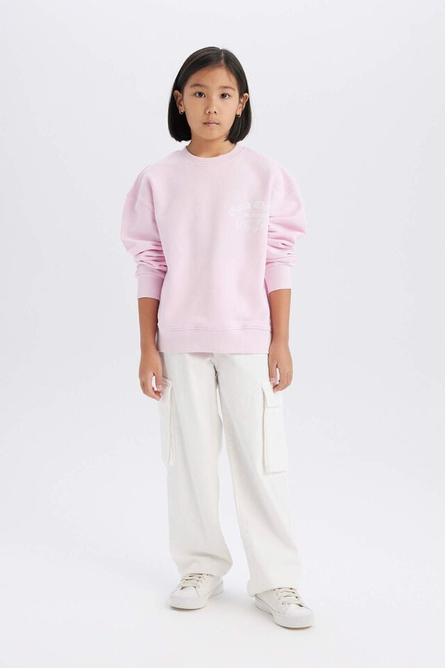 Kız Çocuk Relax Fit Bisiklet Yaka Baskılı Sweatshirt