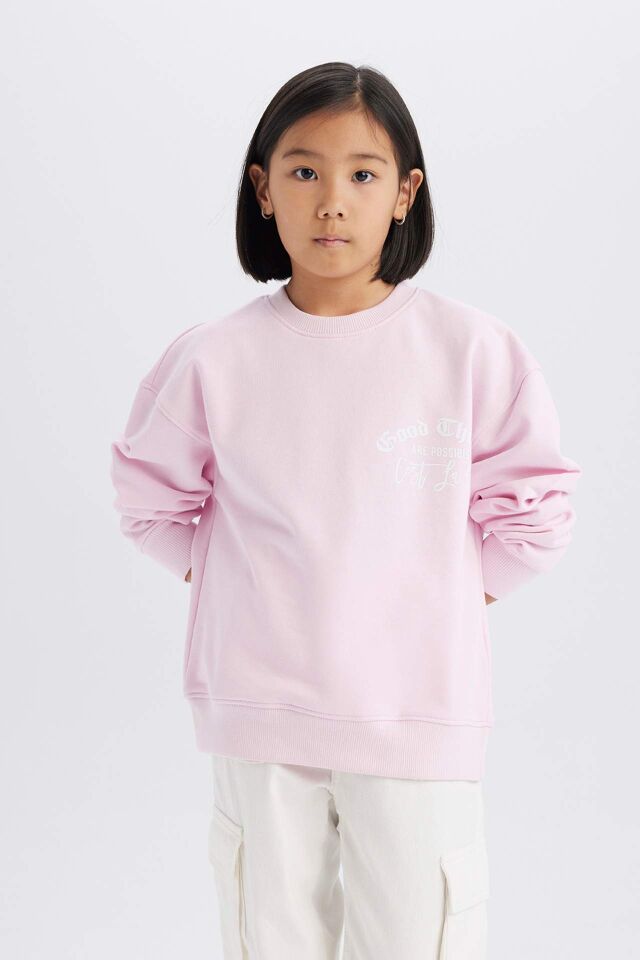 Kız Çocuk Relax Fit Bisiklet Yaka Baskılı Sweatshirt