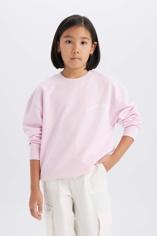 Kız Çocuk Relax Fit Bisiklet Yaka Baskılı Sweatshirt
