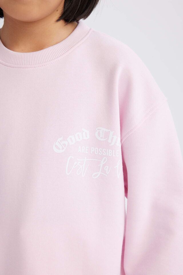 Kız Çocuk Relax Fit Bisiklet Yaka Baskılı Sweatshirt