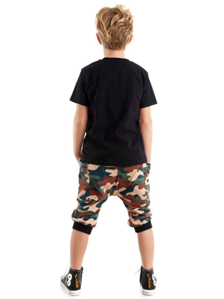 Geometrik Erkek Çocuk T-shirt Kapri Şort Takım 5 Y - Haki, Siyah