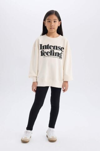 Kız Çocuk 2'li Takım Bisiklet Yaka Baskılı Sweatshirt Basic Düz Uzun Tayt
