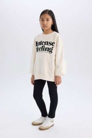 Kız Çocuk 2'li Takım Bisiklet Yaka Baskılı Sweatshirt Basic Düz Uzun Tayt