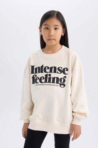 Kız Çocuk 2'li Takım Bisiklet Yaka Baskılı Sweatshirt Basic Düz Uzun Tayt