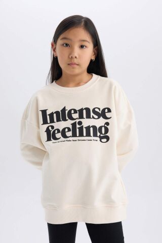 Kız Çocuk 2'li Takım Bisiklet Yaka Baskılı Sweatshirt Basic Düz Uzun Tayt