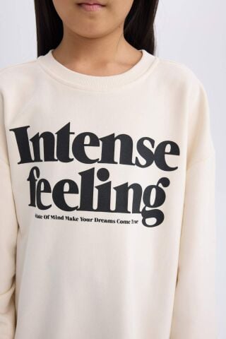 Kız Çocuk 2'li Takım Bisiklet Yaka Baskılı Sweatshirt Basic Düz Uzun Tayt