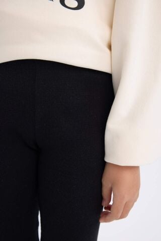 Kız Çocuk 2'li Takım Bisiklet Yaka Baskılı Sweatshirt Basic Düz Uzun Tayt