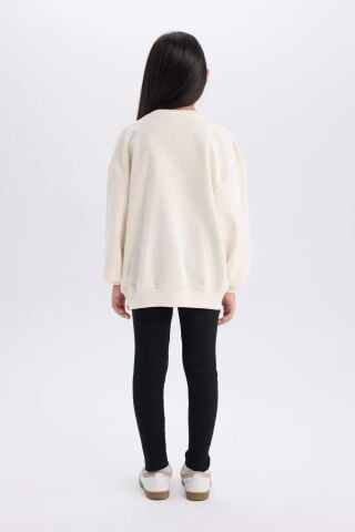 Kız Çocuk 2'li Takım Bisiklet Yaka Baskılı Sweatshirt Basic Düz Uzun Tayt