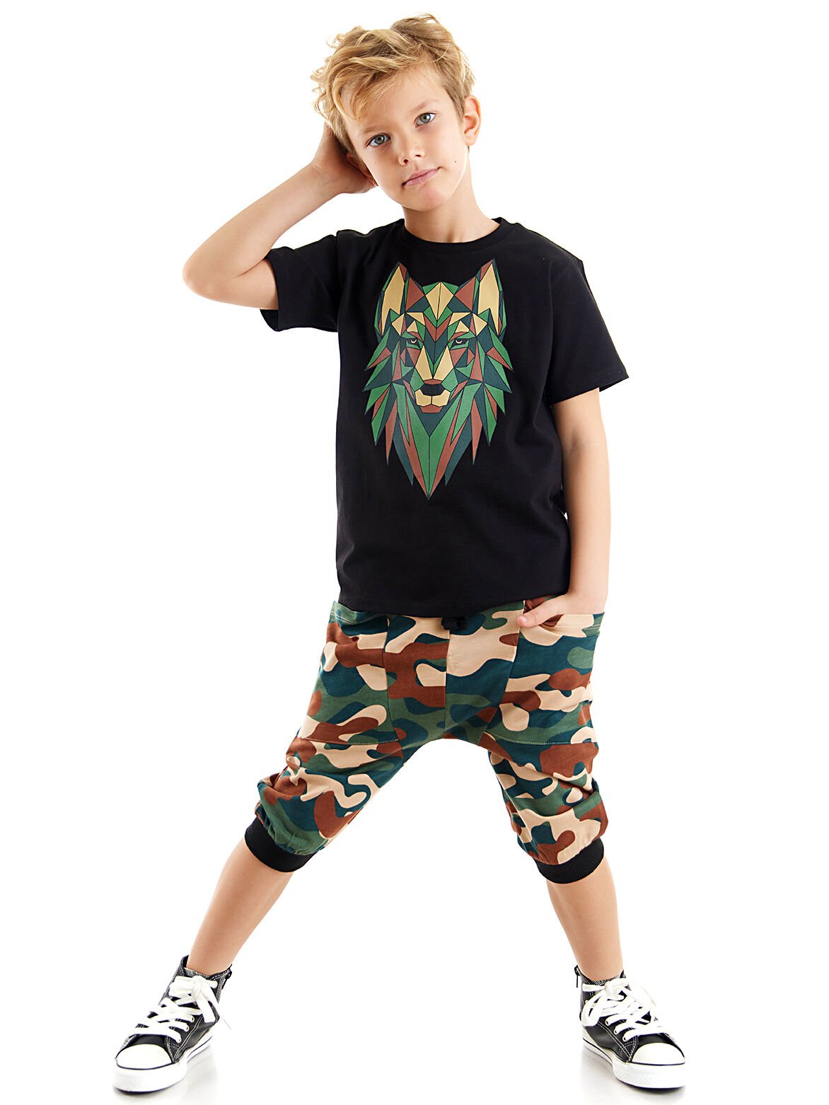 Geometrik Erkek Çocuk T-shirt Kapri Şort Takım 6 Y - Haki, Siyah