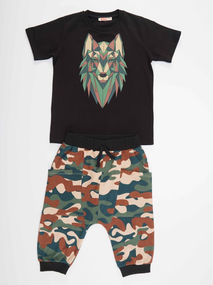 Geometrik Erkek Çocuk T-shirt Kapri Şort Takım 6 Y - Haki, Siyah