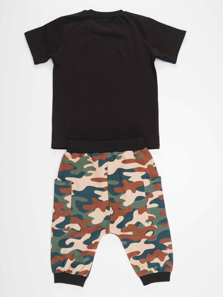 Geometrik Erkek Çocuk T-shirt Kapri Şort Takım 6 Y - Haki, Siyah