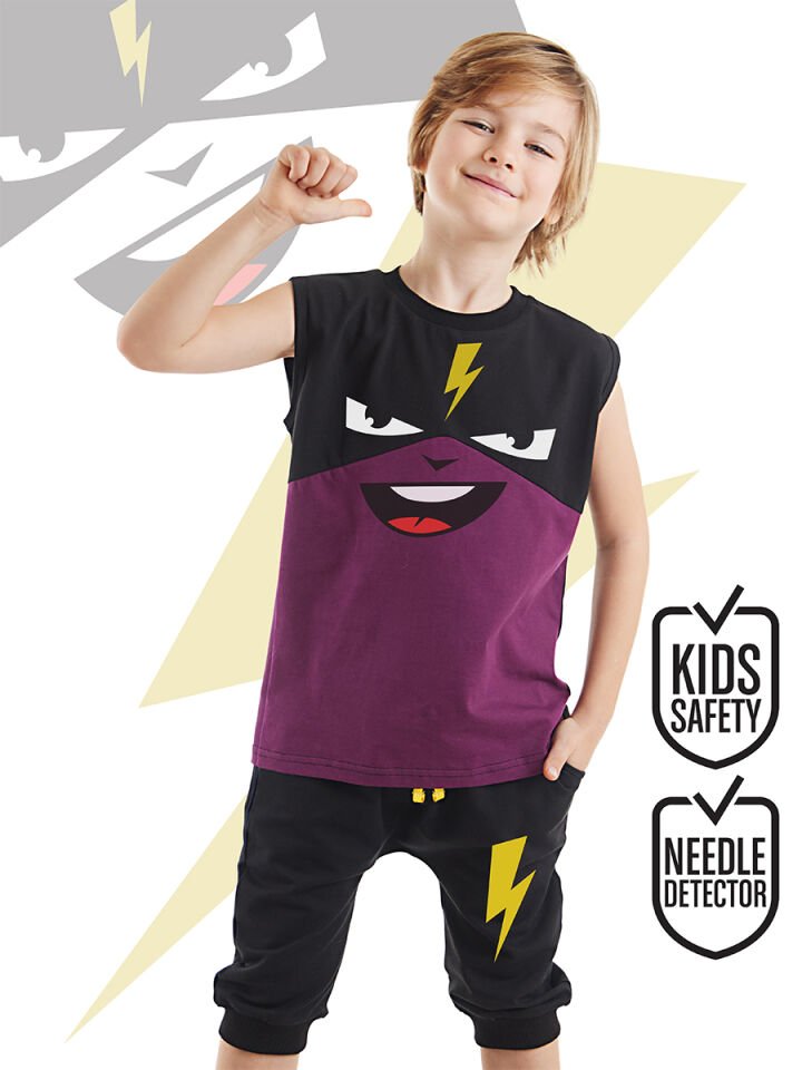 Şimşek Maske Erkek Çocuk T-shirt Kapri Şort akım 8 Y - Siyah, Mor