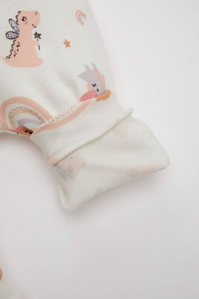 Kız Bebek Yenidoğan 2'li Takım Dinazor Baskılı Kısa Kollu Waffle Tulum Bandana