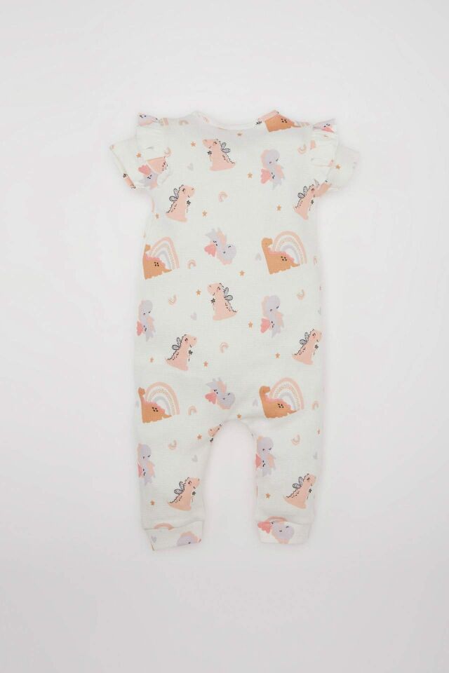 Kız Bebek Yenidoğan 2'li Takım Dinazor Baskılı Kısa Kollu Waffle Tulum Bandana