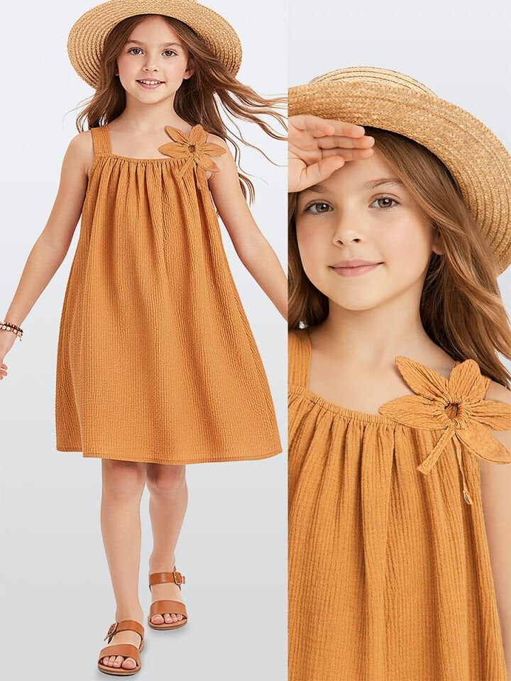 Çiçekli Kol Kız Çocuk Hardal Sarı Elbise