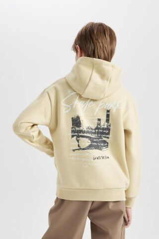 Erkek Çocuk Kapüşonlu Sırt Baskılı Kalın Sweatshirt