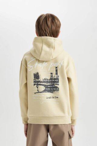 Erkek Çocuk Kapüşonlu Sırt Baskılı Kalın Sweatshirt