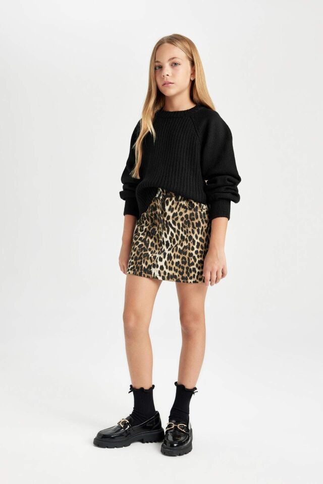 Kız Çocuk Leopar Desenli Cepli Gabardin Etek
