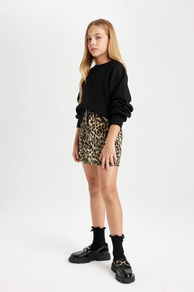 Kız Çocuk Leopar Desenli Cepli Gabardin Etek