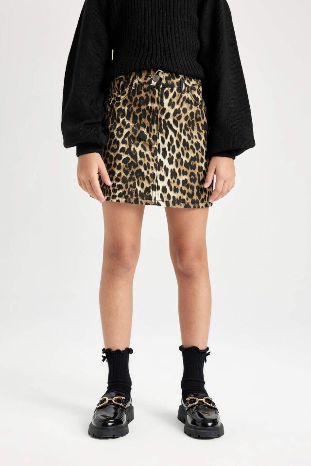 Kız Çocuk Leopar Desenli Cepli Gabardin Etek