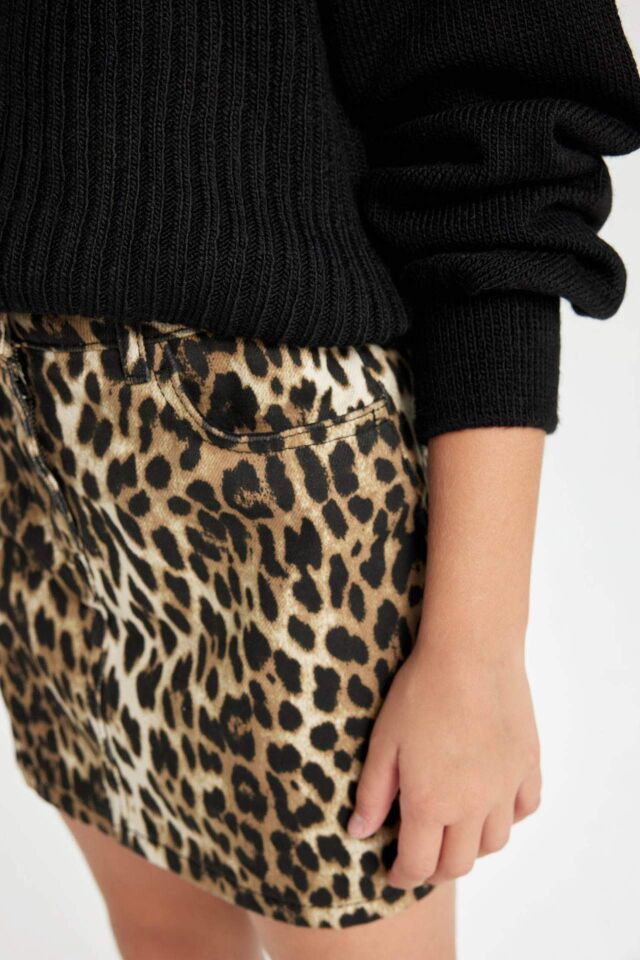 Kız Çocuk Leopar Desenli Cepli Gabardin Etek
