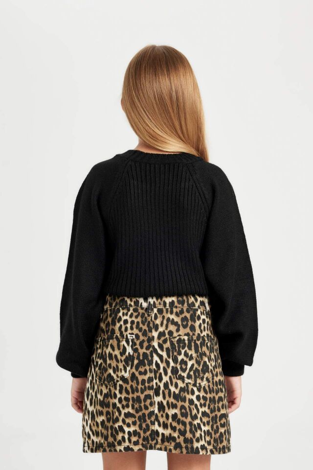 Kız Çocuk Leopar Desenli Cepli Gabardin Etek
